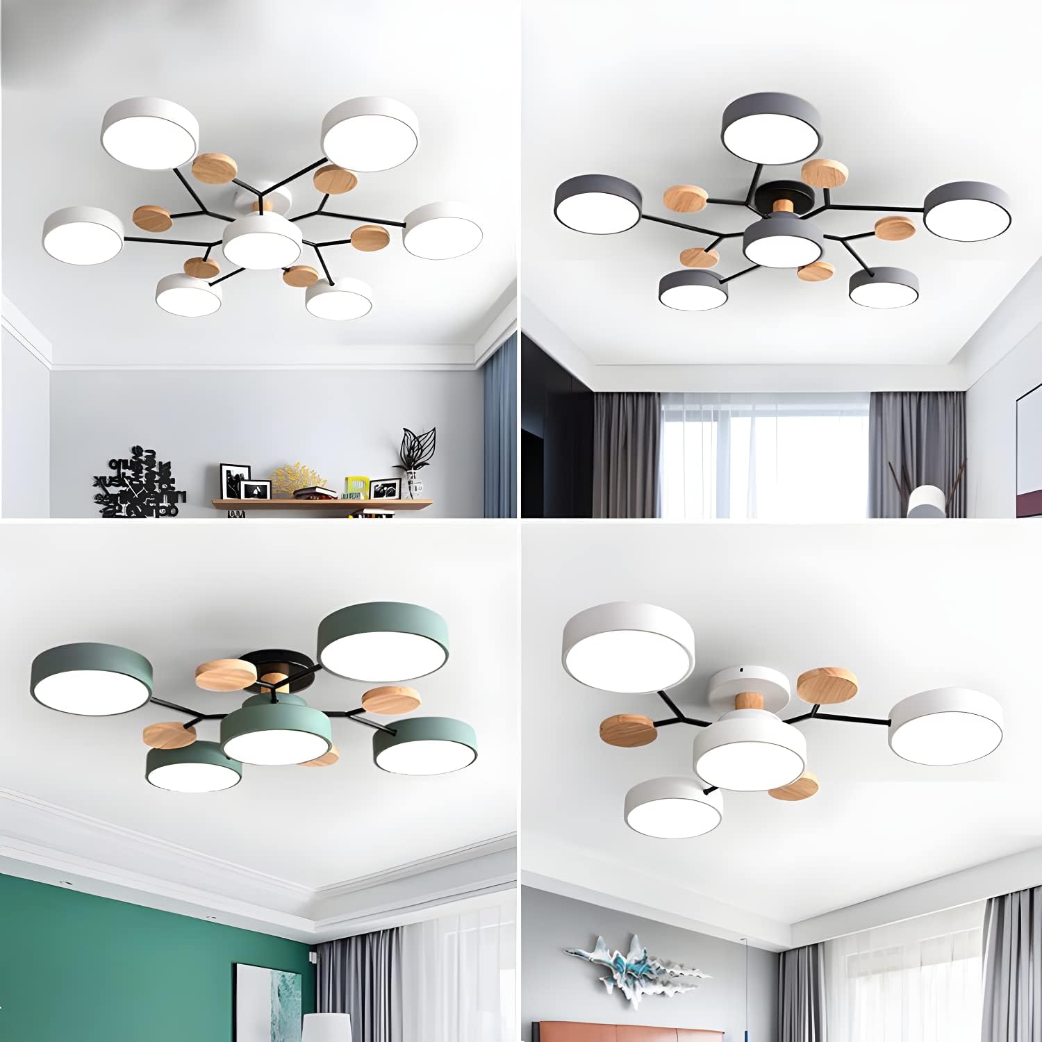Modern LED Ceiling Light Fixture – Black Round Ceiling Light with Wood Accents