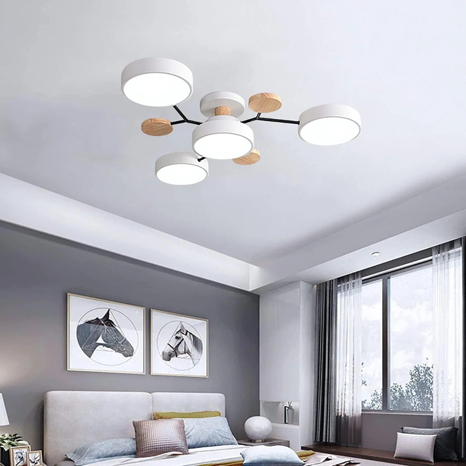 Modern LED Semi-Flush Mount Ceiling Light Fixture – Round Ceiling Light with Wood Accents