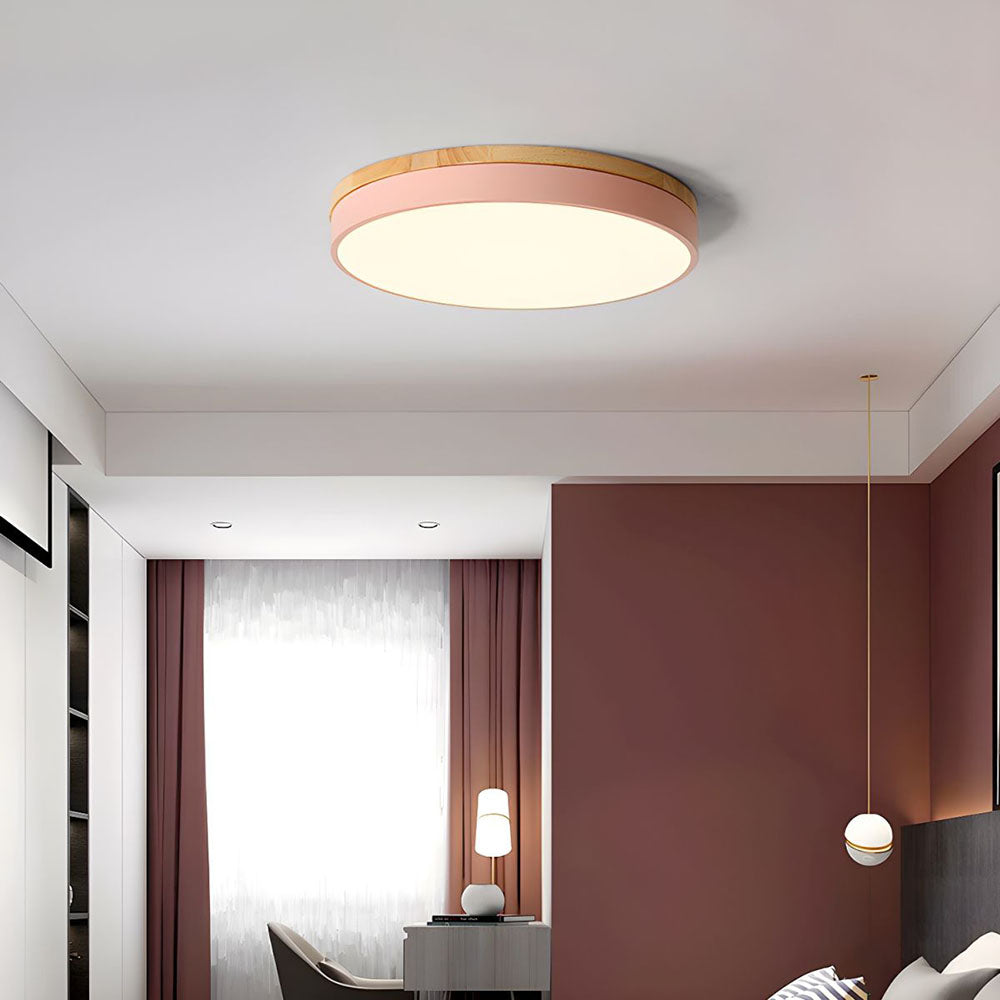 Flush Mount Ceiling Light Fixture – Round LED Ceiling Light with Wood Trim