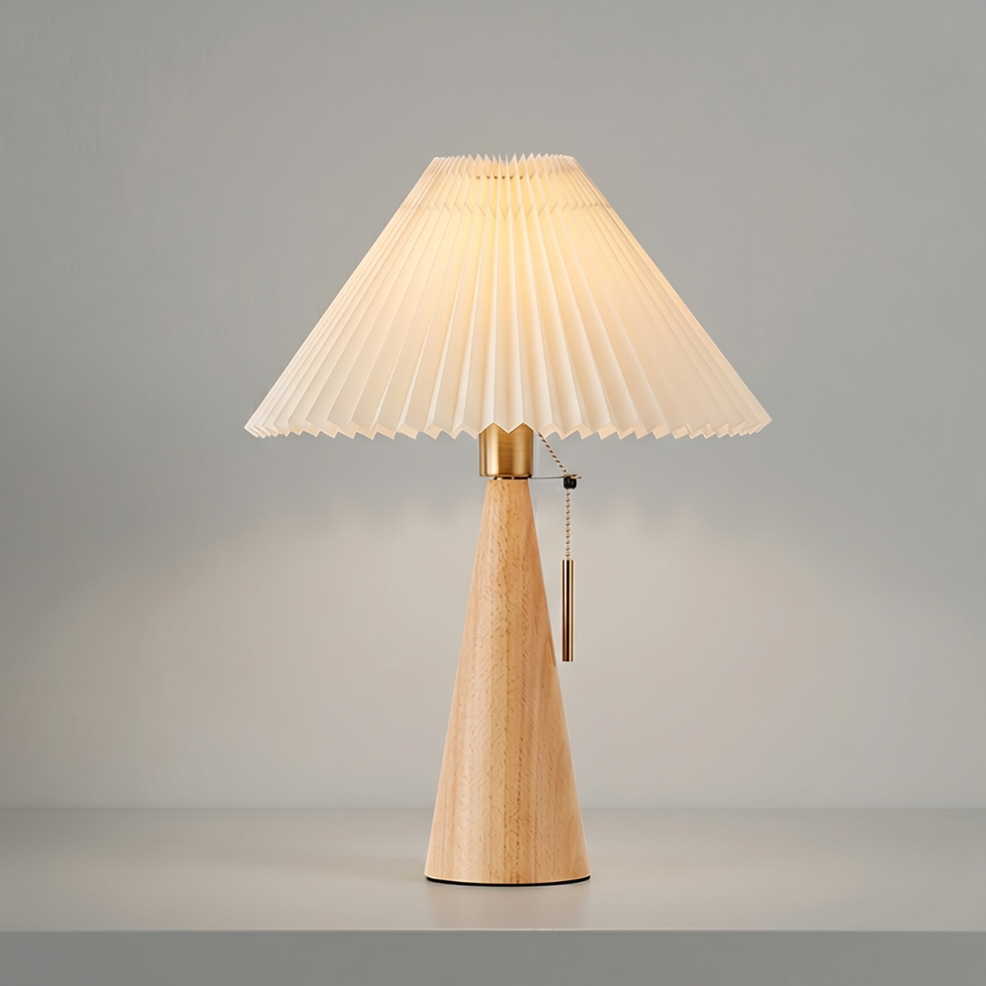 Japanese Table Lamp – Wooden Bedside Lamp with Pleated Fabric Shade