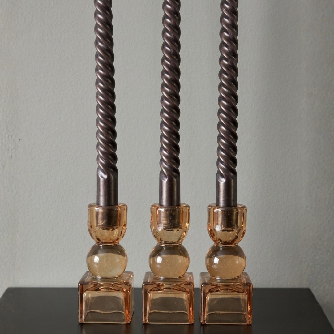 Amber Glass Candlestick Holder Set – Decorative Taper Candle Holders (3-Set)