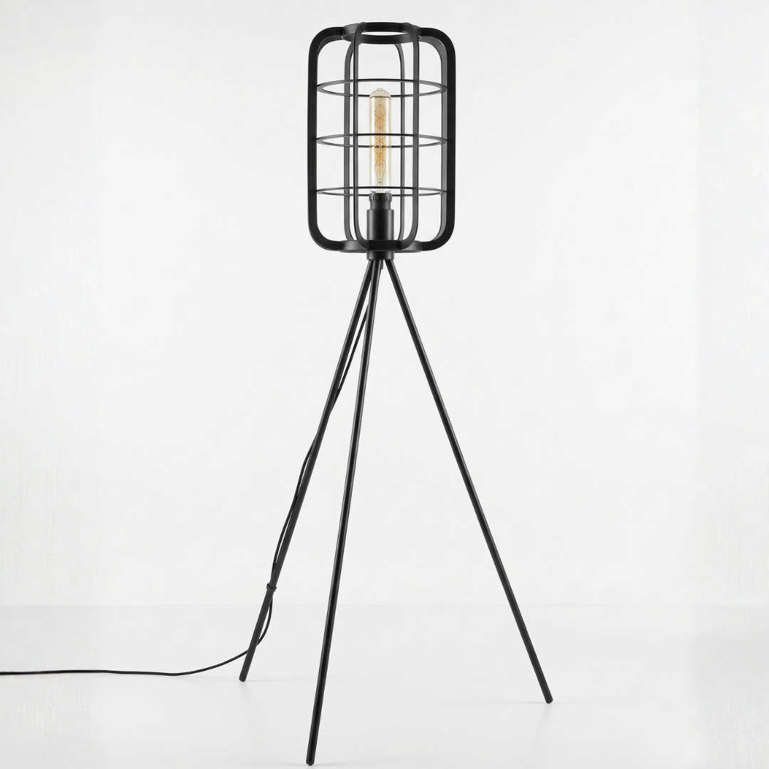 Black Tripod Floor Lamp – Industrial Cage Standing Lamp