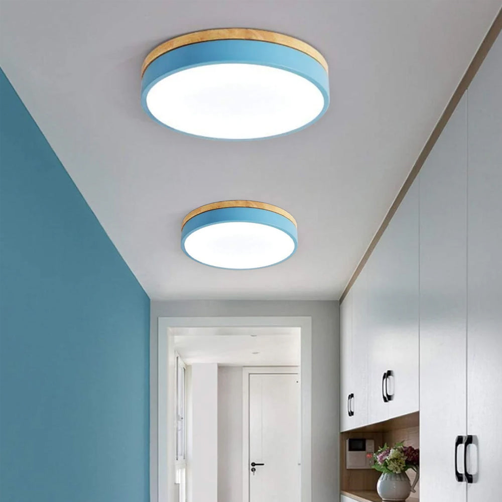 Flush Mount Ceiling Light Fixture – Round LED Ceiling Light with Wood Trim