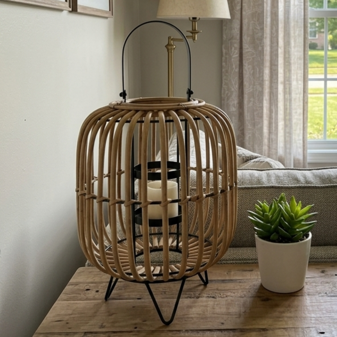 Natural Rattan Lantern Candle Holder – Decorative Table Lantern