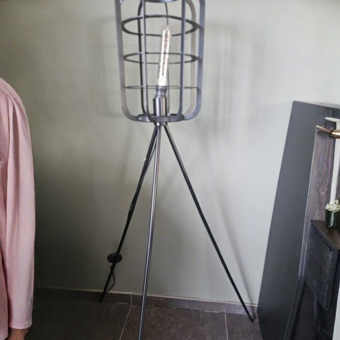 Black Tripod Floor Lamp – Industrial Cage Standing Lamp