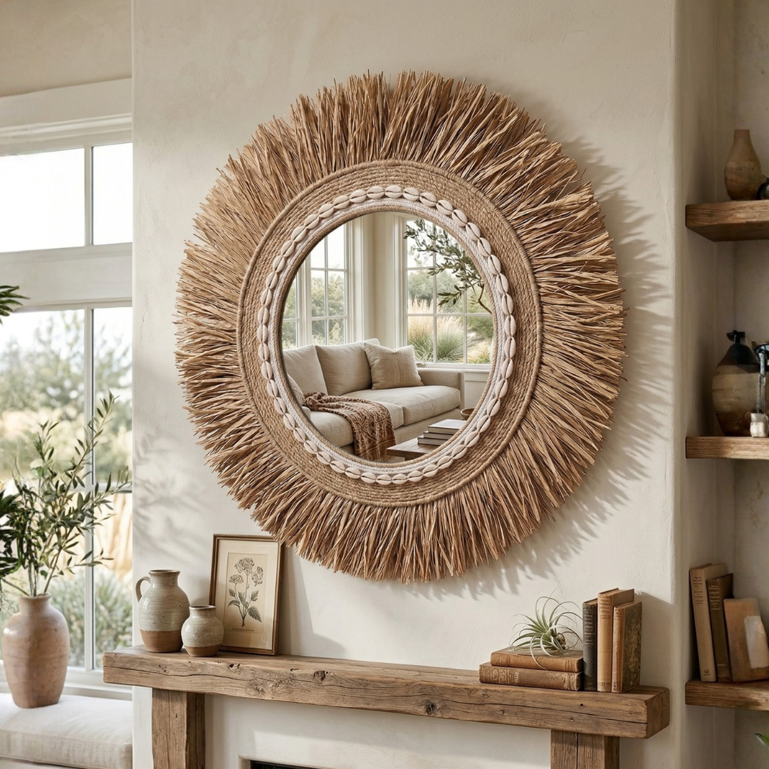 Natural Sunburst Wall Mirror – Boho Woven Decorative Mirror