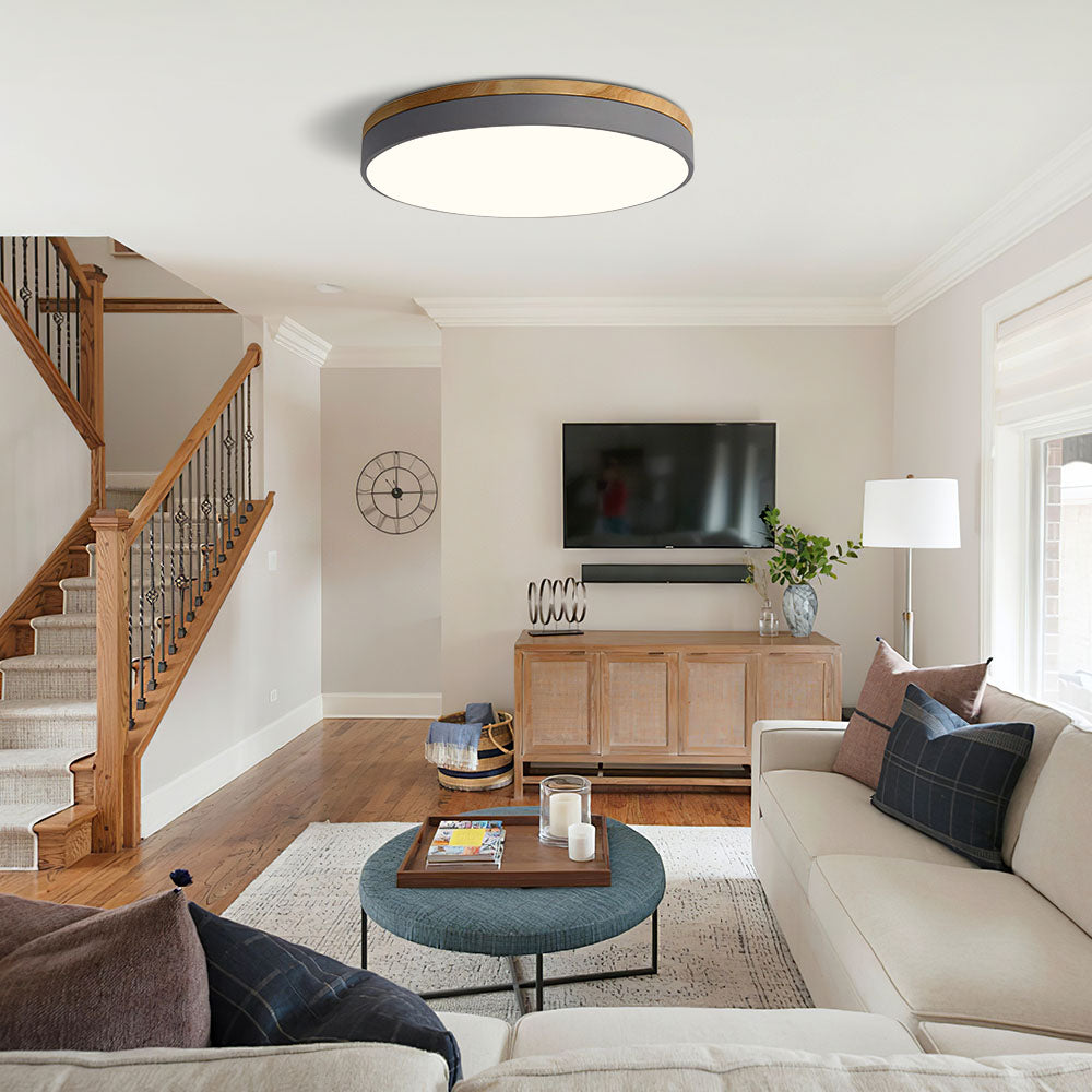 Flush Mount Ceiling Light Fixture – Round LED Ceiling Light with Wood Trim