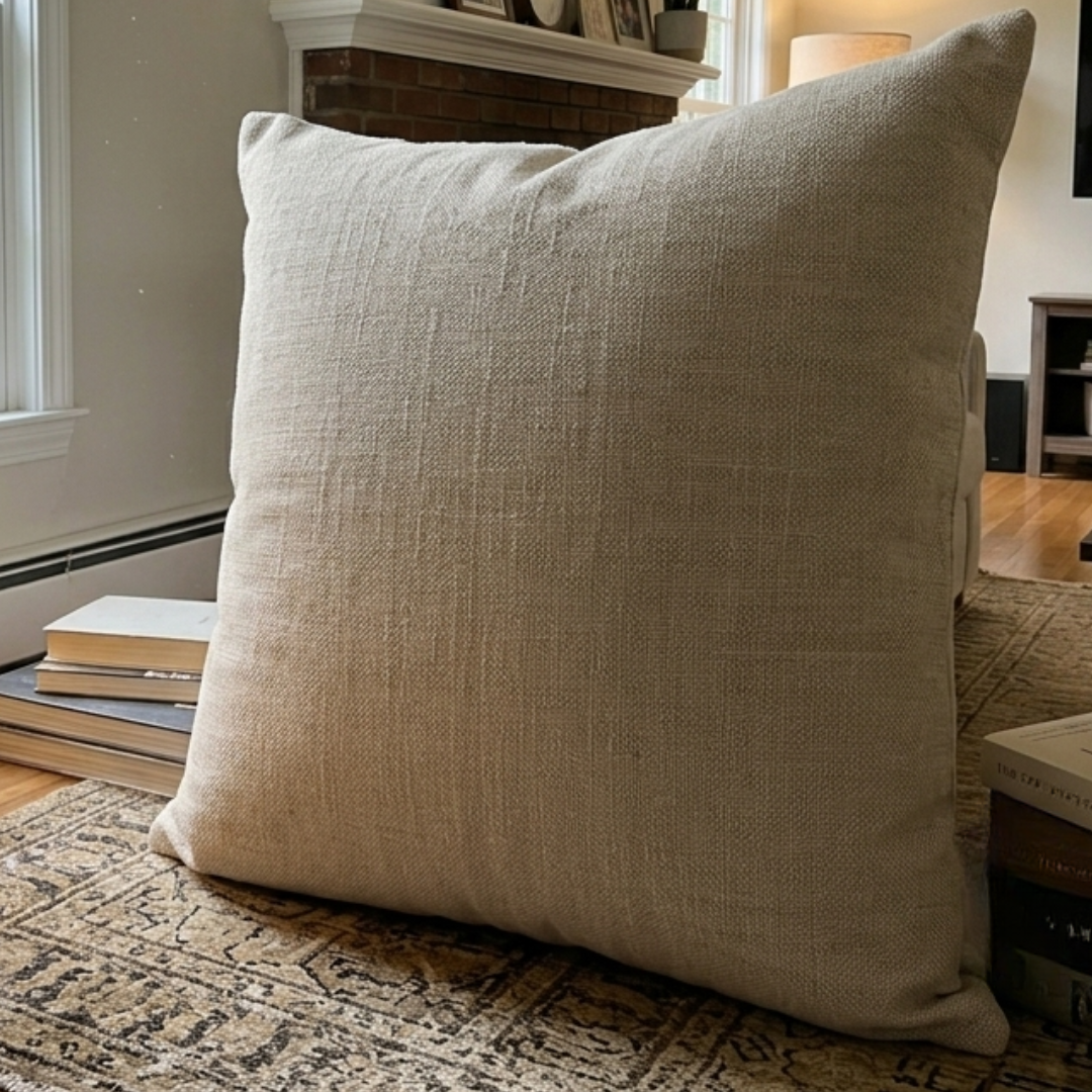 Ivory Linen-Look Throw Pillow – Square Decorative Cushion