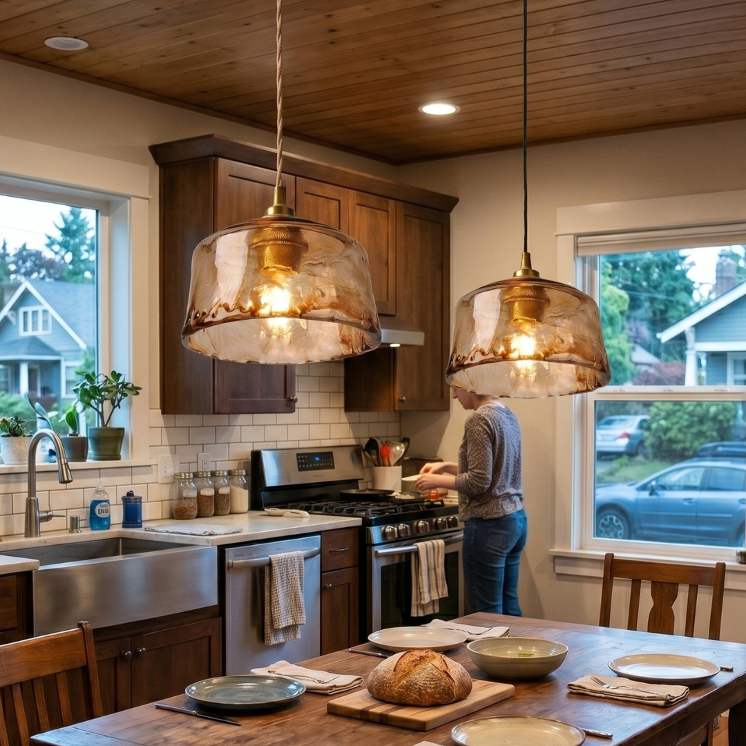 Amber Glass Pendant Light Fixture – Vintage Brass-Tone Hanging Ceiling Light