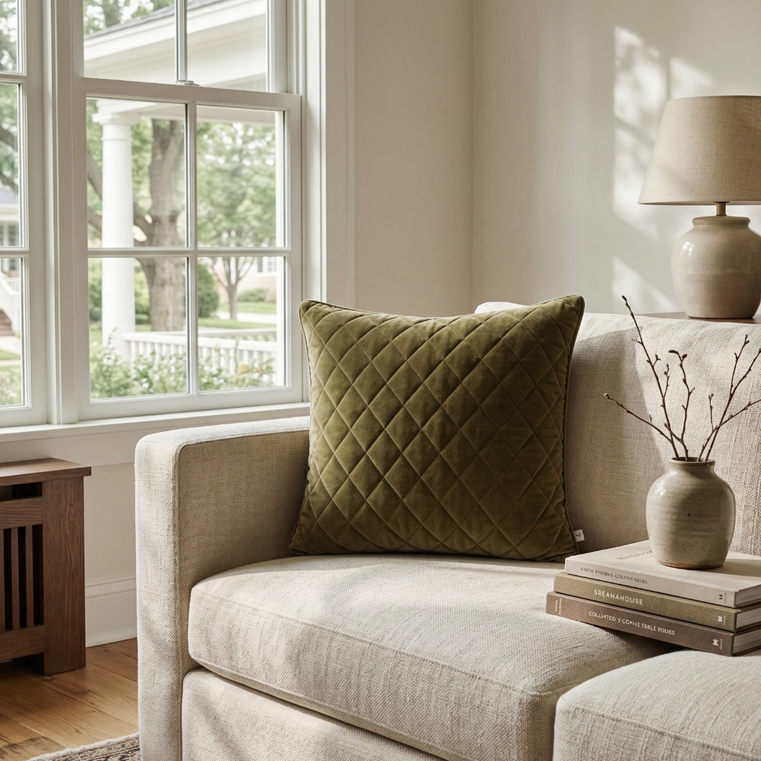 Olive Green Quilted Throw Pillow - Quilted Pillow for a Warm Modern Home