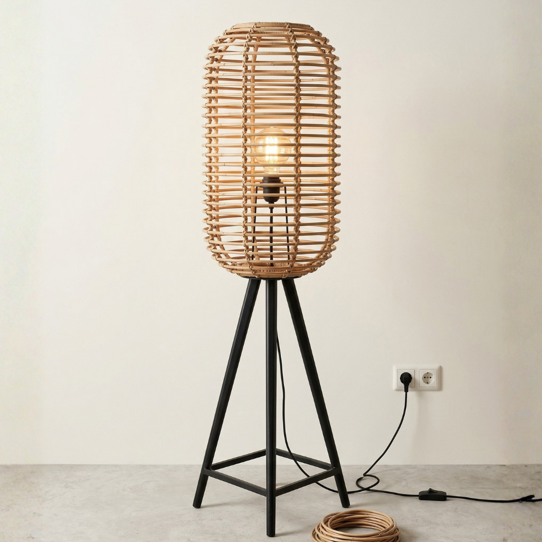 Natural Rattan Tripod Floor Lamp – Boho Standing Lamp
