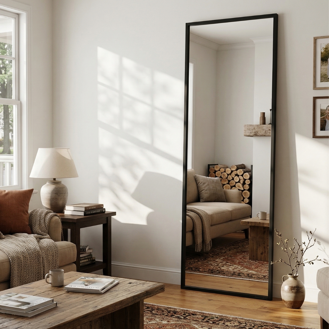 Black Full-Length Wall Mirror – Slim Rectangular Dressing Mirror