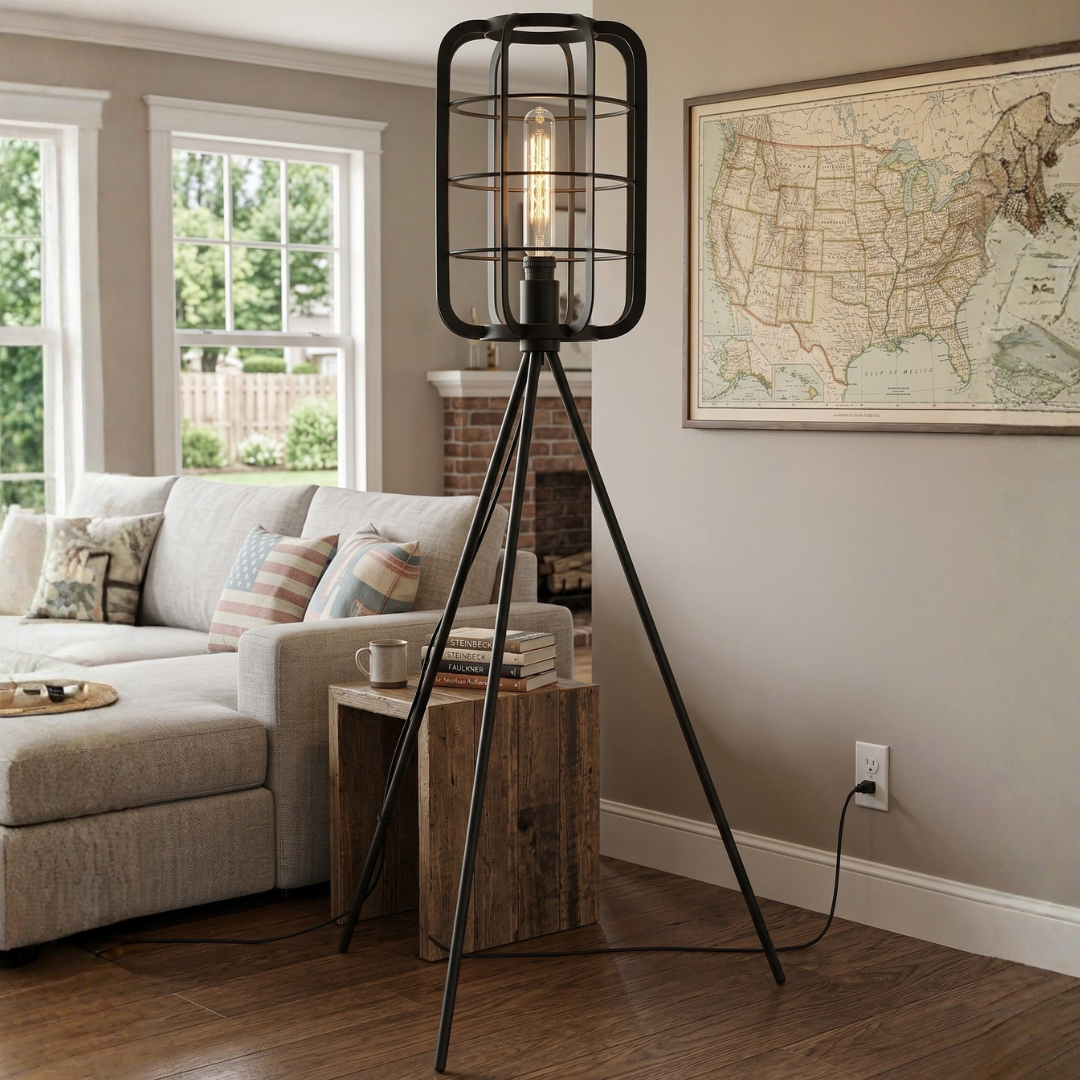 Black Tripod Floor Lamp – Industrial Cage Standing Lamp
