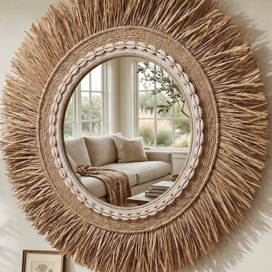 Natural Sunburst Wall Mirror – Boho Woven Decorative Mirror
