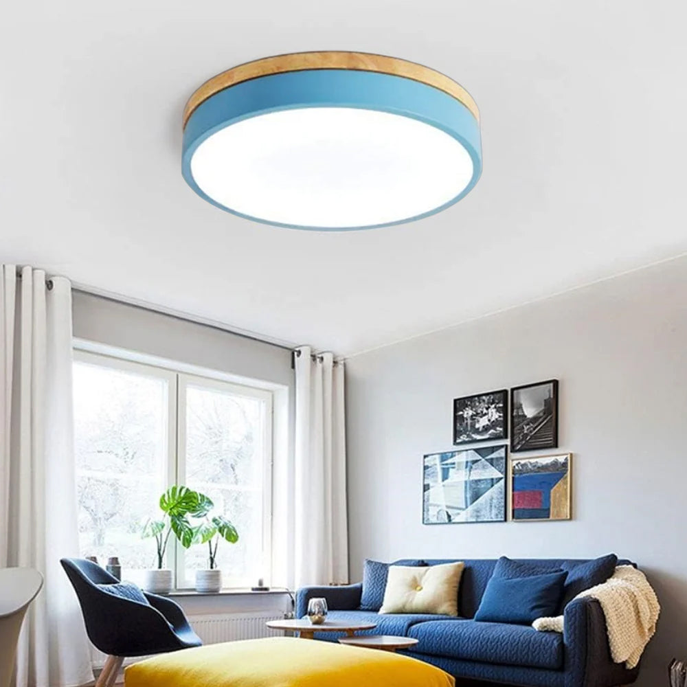 Flush Mount Ceiling Light Fixture – Round LED Ceiling Light with Wood Trim