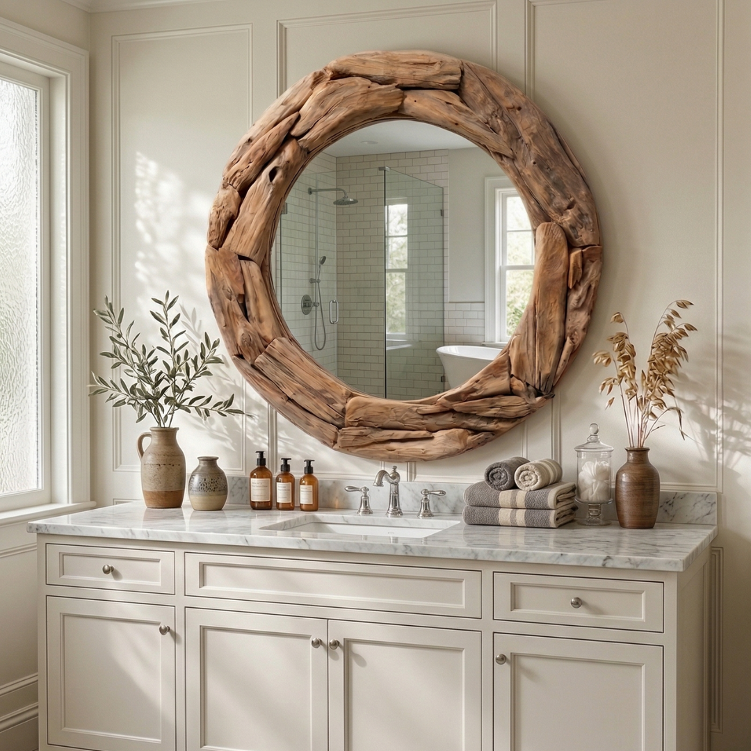 Natural Driftwood Round Wall Mirror – Rustic Wooden Accent Mirror