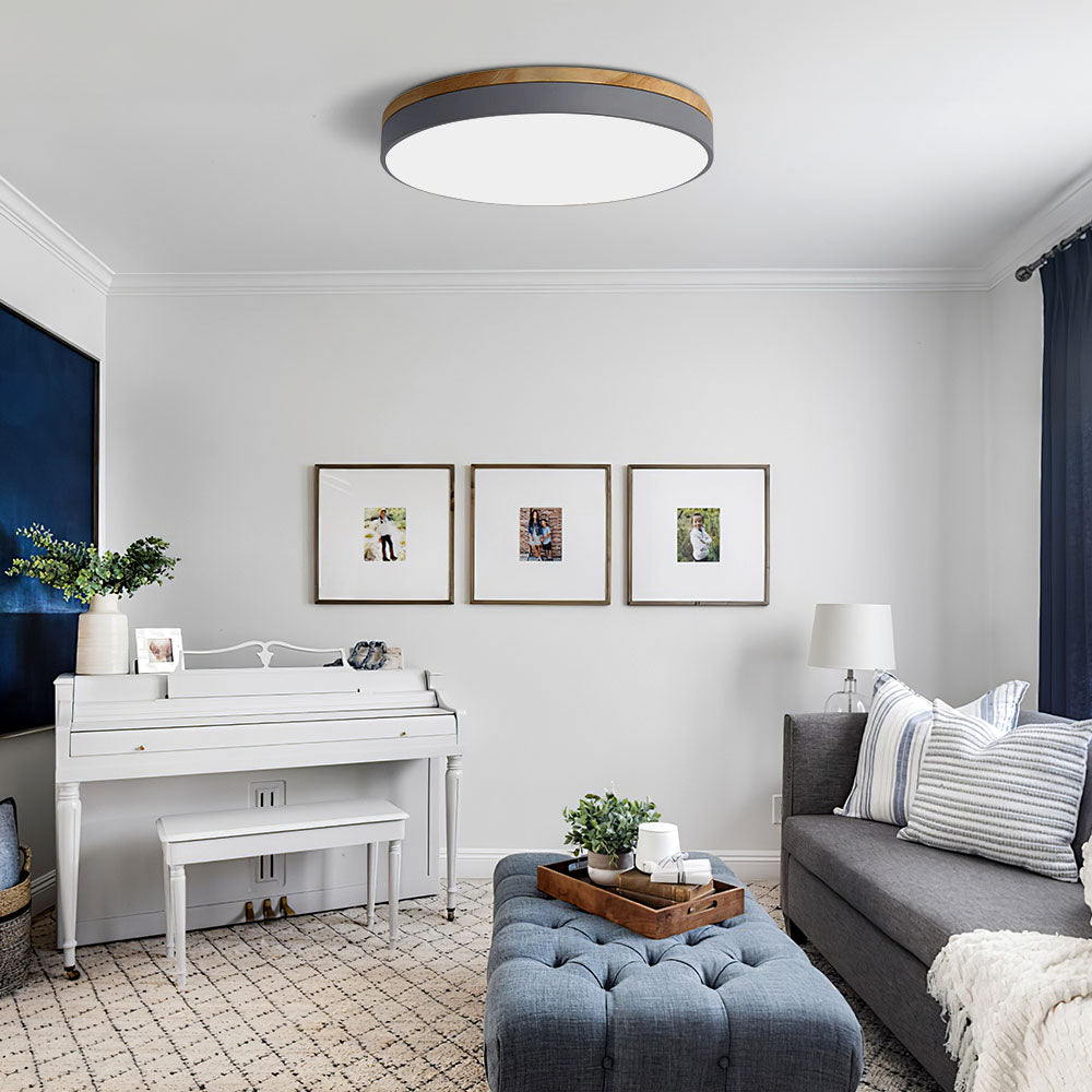 Flush Mount Ceiling Light Fixture – Round LED Ceiling Light with Wood Trim