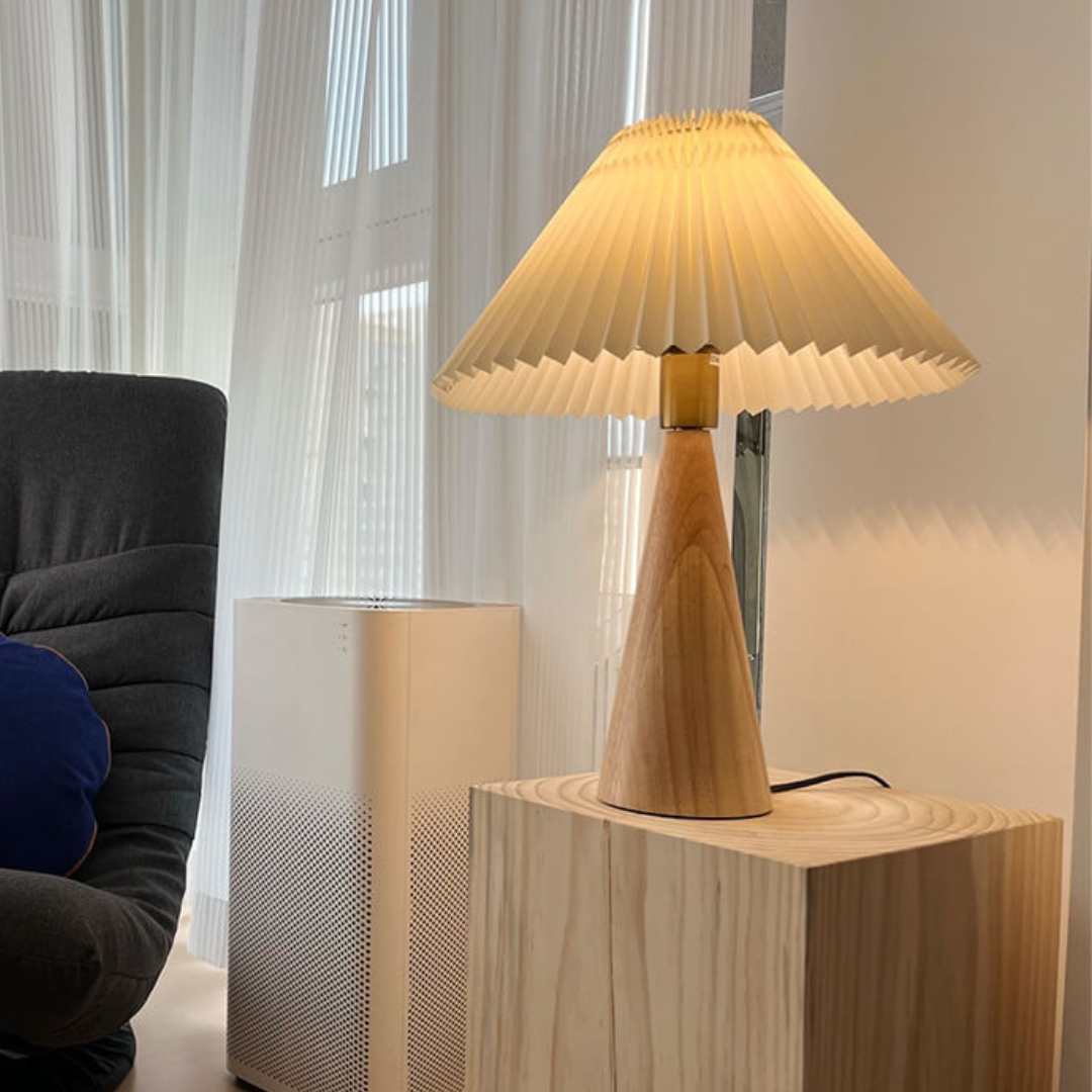 Japanese Table Lamp – Wooden Bedside Lamp with Pleated Fabric Shade