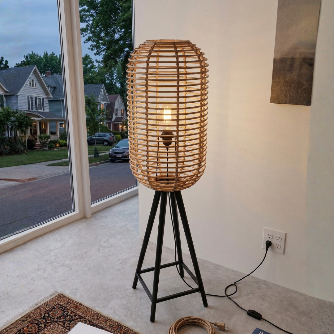 Natural Rattan Tripod Floor Lamp – Boho Standing Lamp