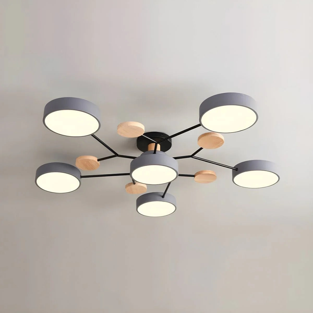 Modern LED Semi-Flush Mount Ceiling Light Fixture – Round Ceiling Light with Wood Accents