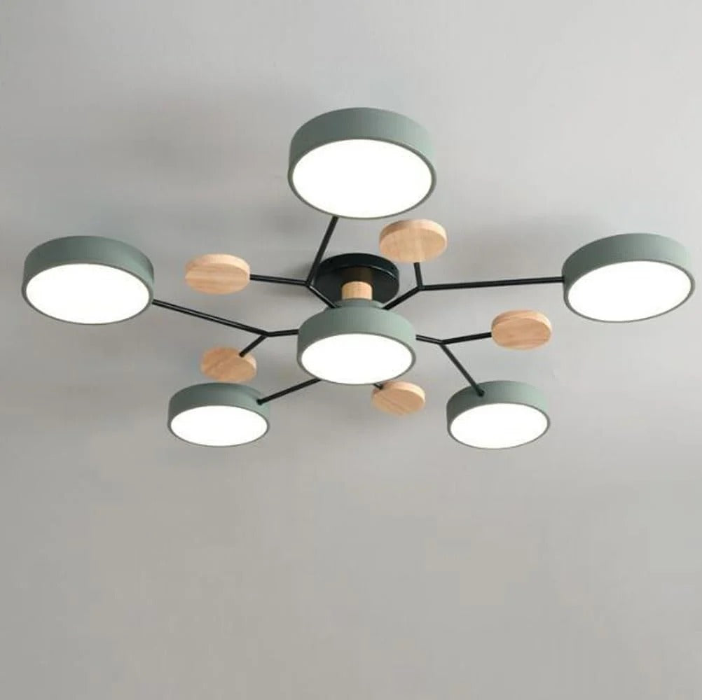 Modern LED Semi-Flush Mount Ceiling Light Fixture – Round Ceiling Light with Wood Accents