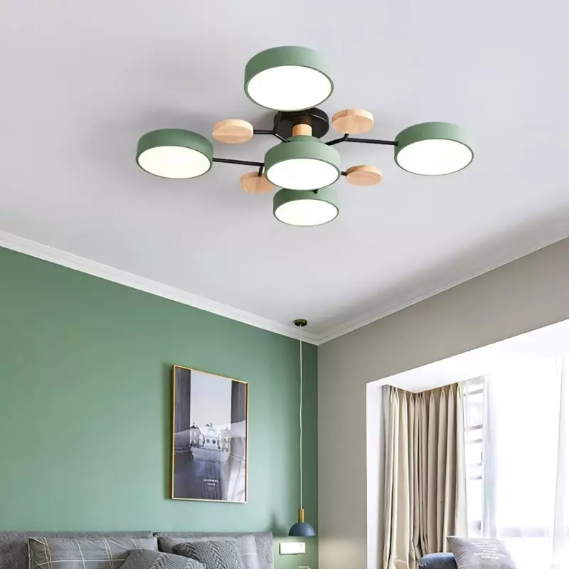 Modern LED Ceiling Light Fixture – Black Round Ceiling Light with Wood Accents