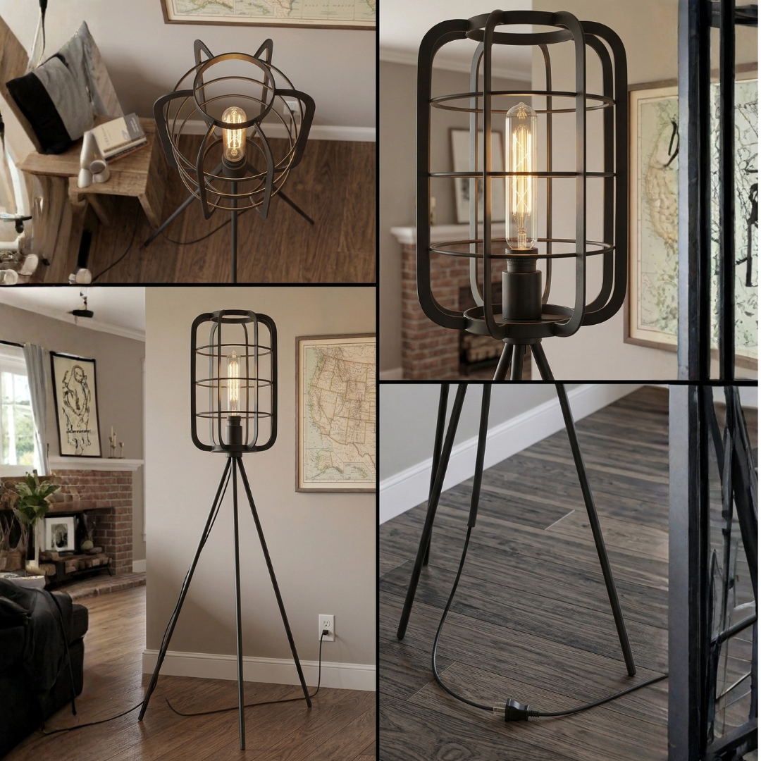 Black Tripod Floor Lamp – Industrial Cage Standing Lamp
