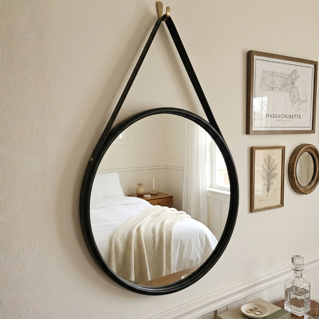 Black Hanging Wall Mirror – Round Decorative Accent Mirror