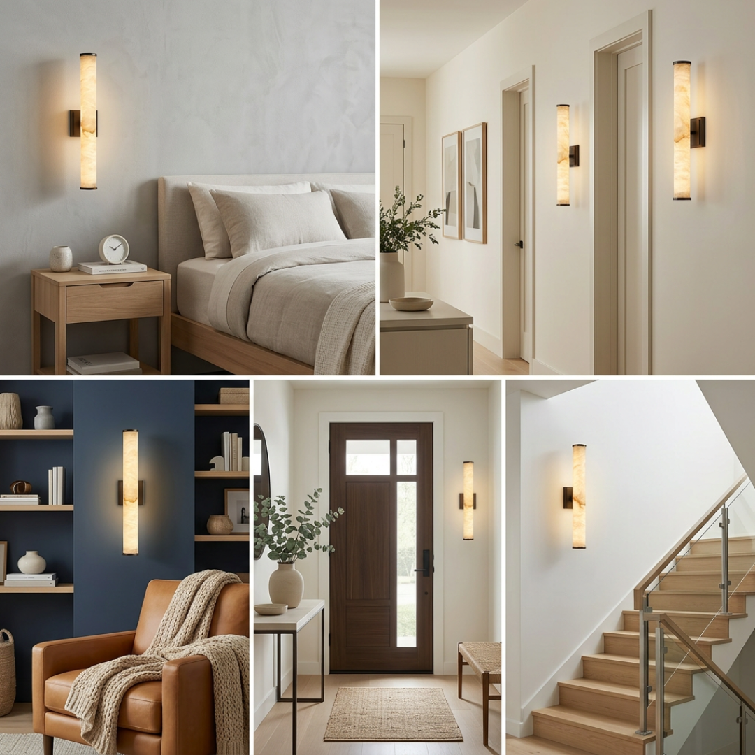 LED Wall Sconce Light Fixture – Marble-Effect Cylinder Wall Light