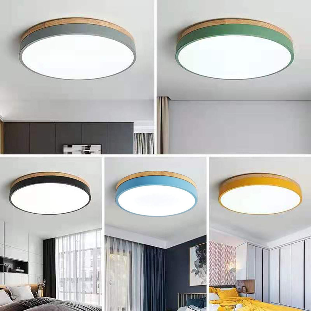 Flush Mount Ceiling Light Fixture – Round LED Ceiling Light with Wood Trim