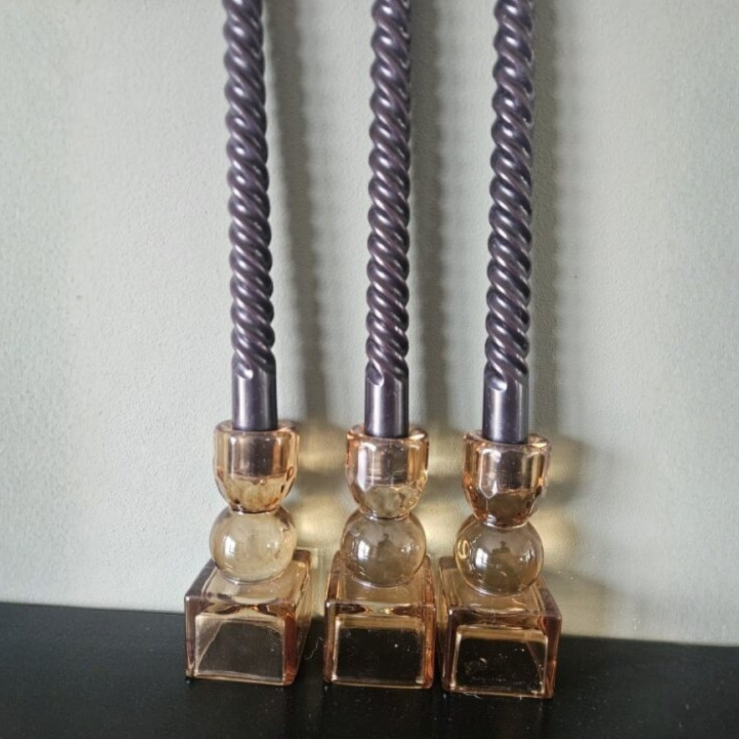 Amber Glass Candlestick Holder Set – Decorative Taper Candle Holders (3-Set)