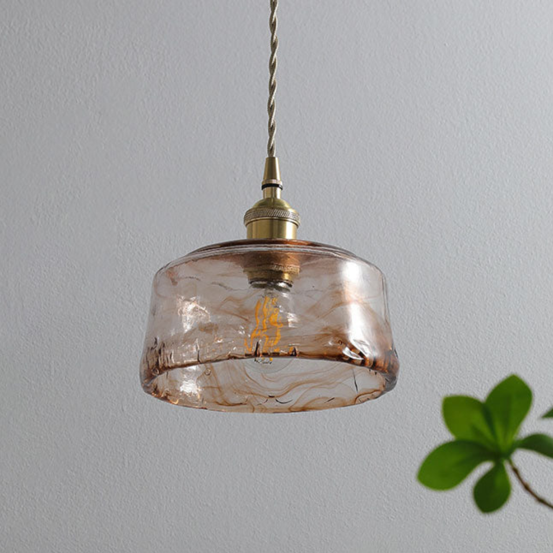 Amber Glass Pendant Light Fixture – Vintage Brass-Tone Hanging Ceiling Light