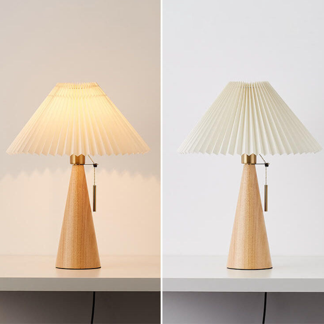 Japanese Table Lamp – Wooden Bedside Lamp with Pleated Fabric Shade