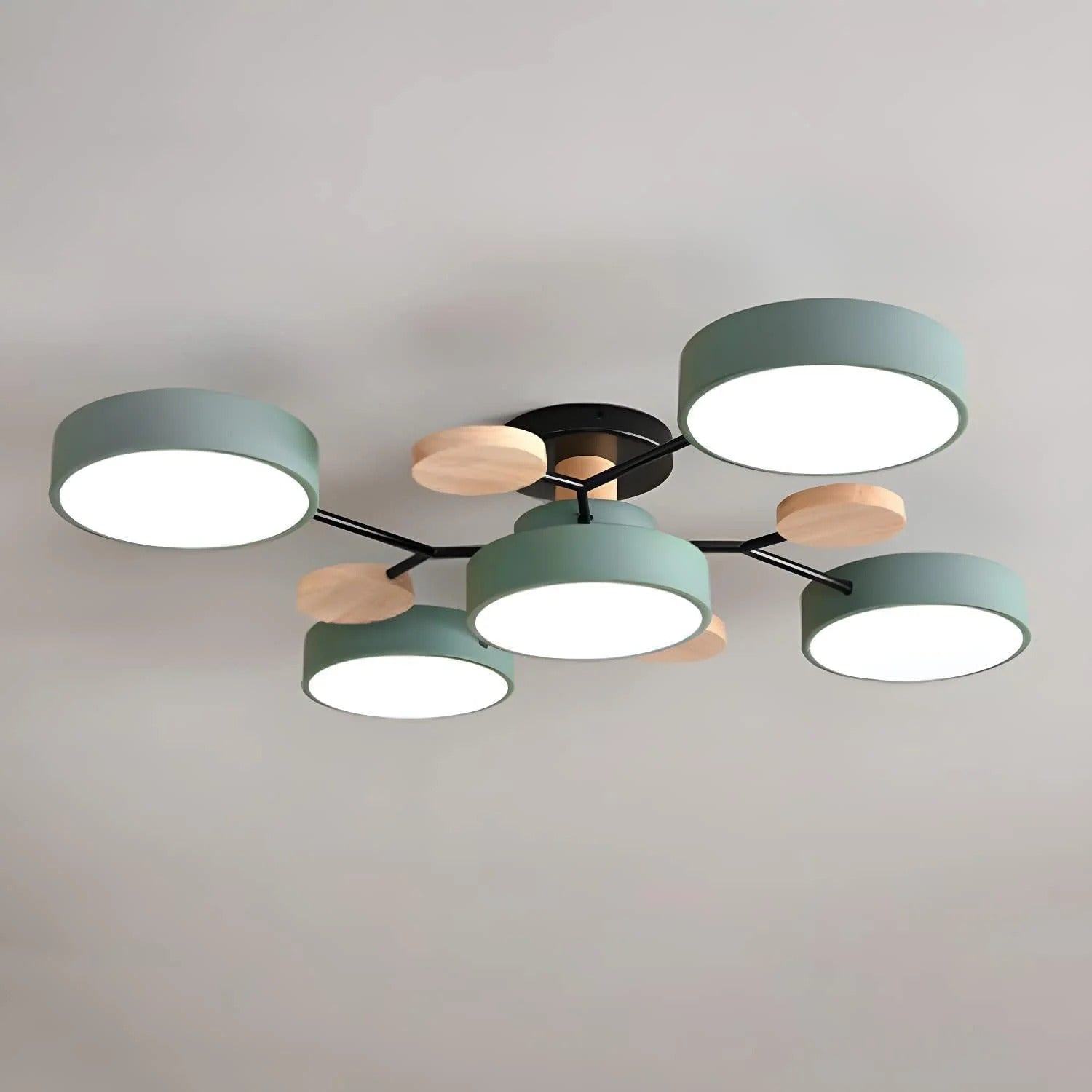 Modern LED Semi-Flush Mount Ceiling Light Fixture – Round Ceiling Light with Wood Accents