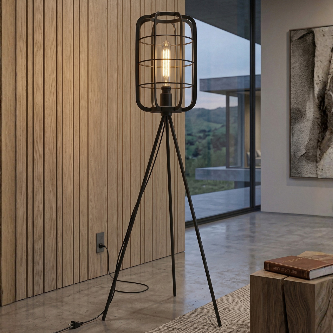 Black Tripod Floor Lamp – Industrial Cage Standing Lamp