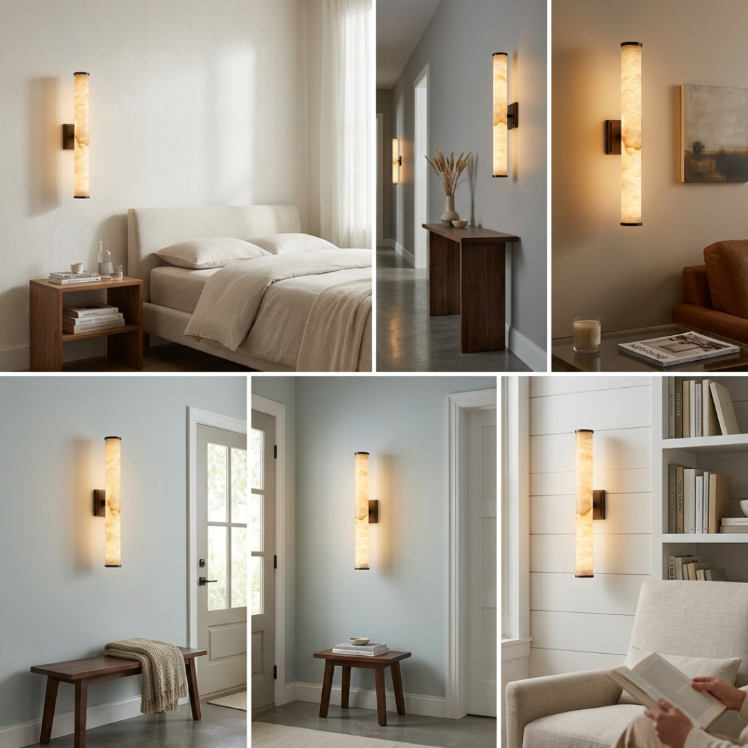 LED Wall Sconce Light Fixture – Marble-Effect Cylinder Wall Light