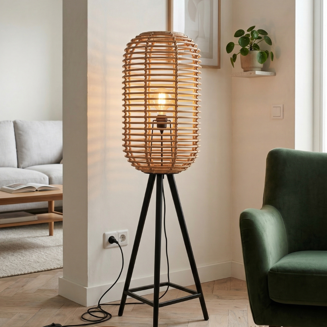 Natural Rattan Tripod Floor Lamp – Boho Standing Lamp