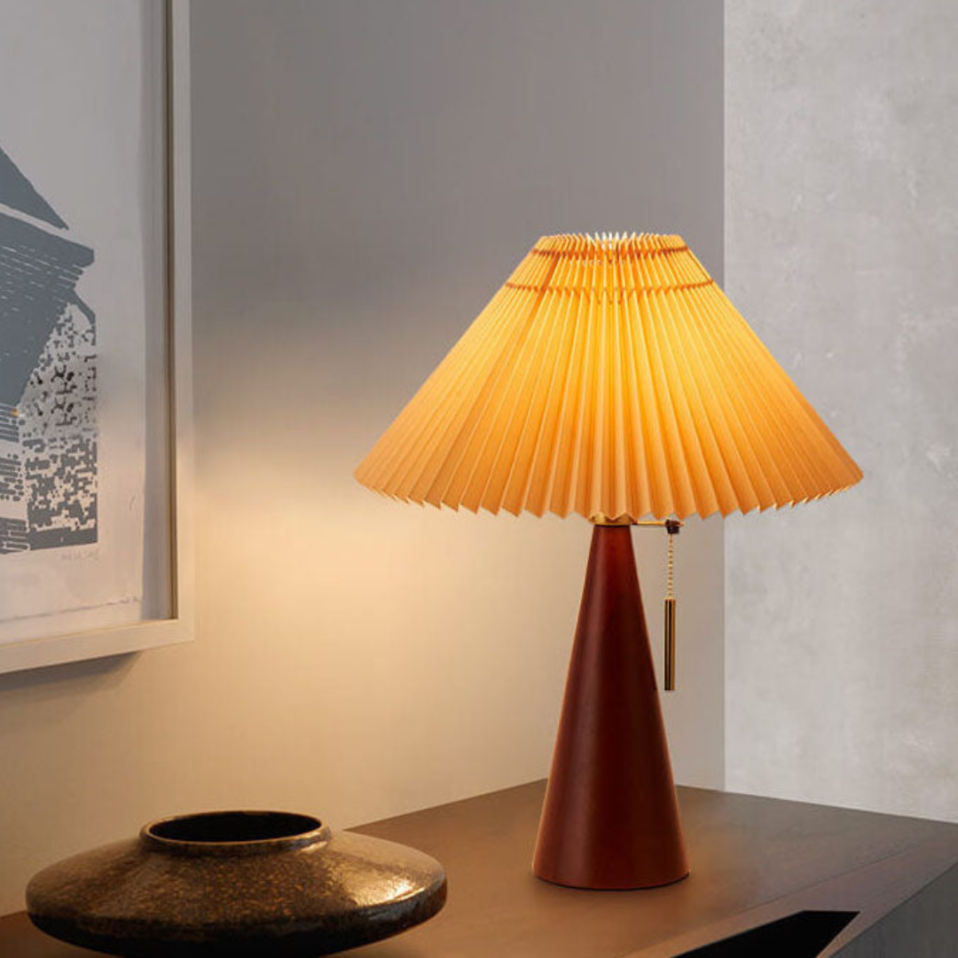 Japanese Table Lamp – Wooden Bedside Lamp with Pleated Fabric Shade