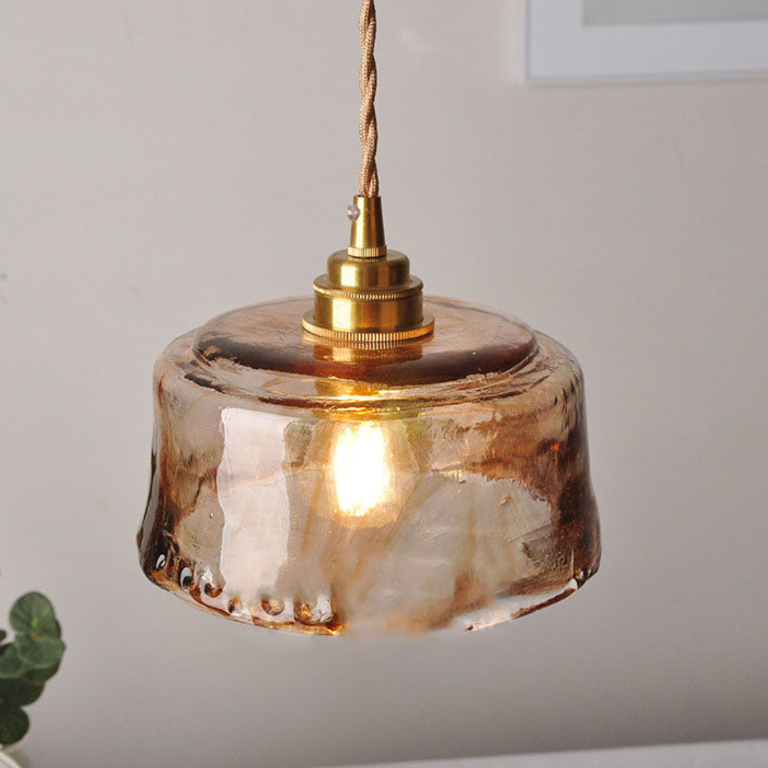 Amber Glass Pendant Light Fixture – Vintage Brass-Tone Hanging Ceiling Light