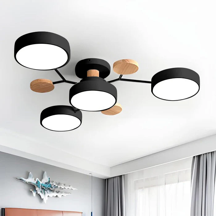 Modern LED Semi-Flush Mount Ceiling Light Fixture – Round Ceiling Light with Wood Accents