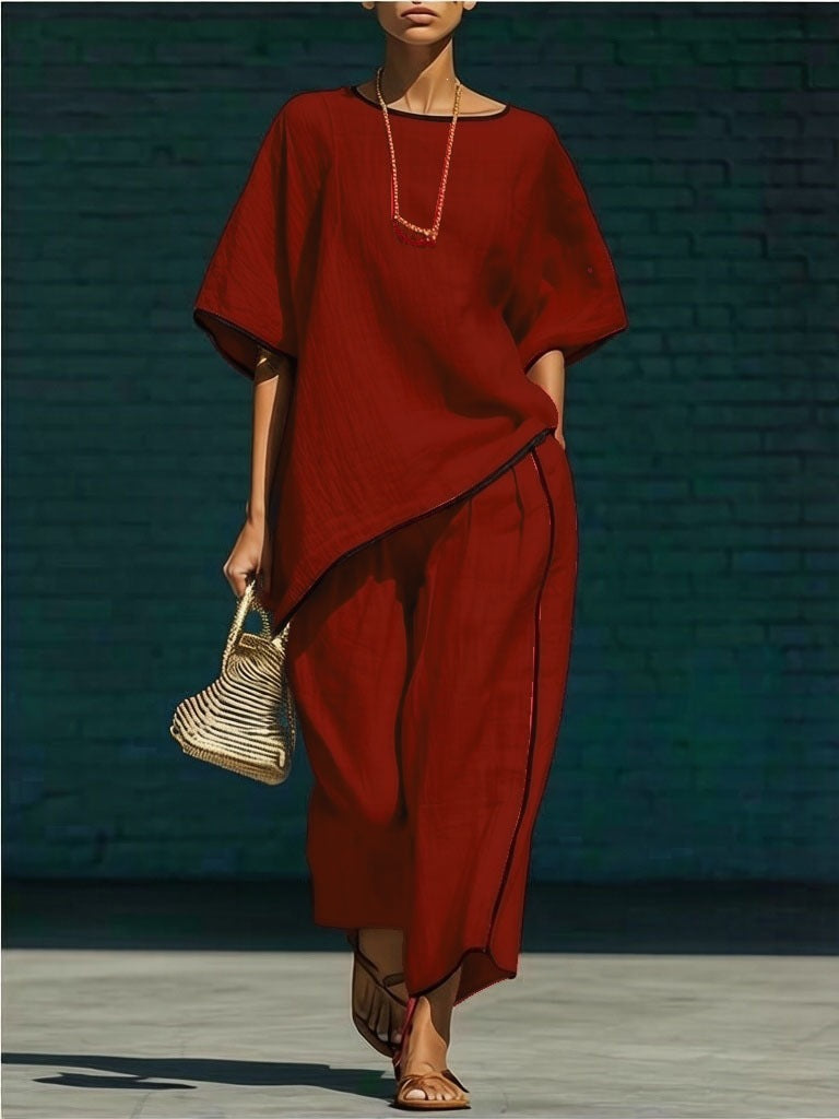 Asymmetric Short-Sleeve Two-Piece Linen Trouser Set