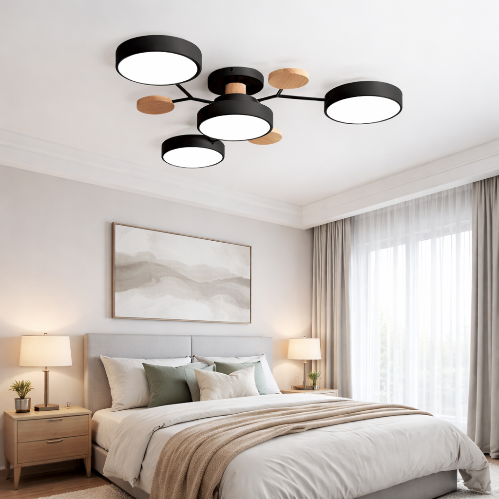 Modern LED Ceiling Light Fixture – Black Round Ceiling Light with Wood Accents