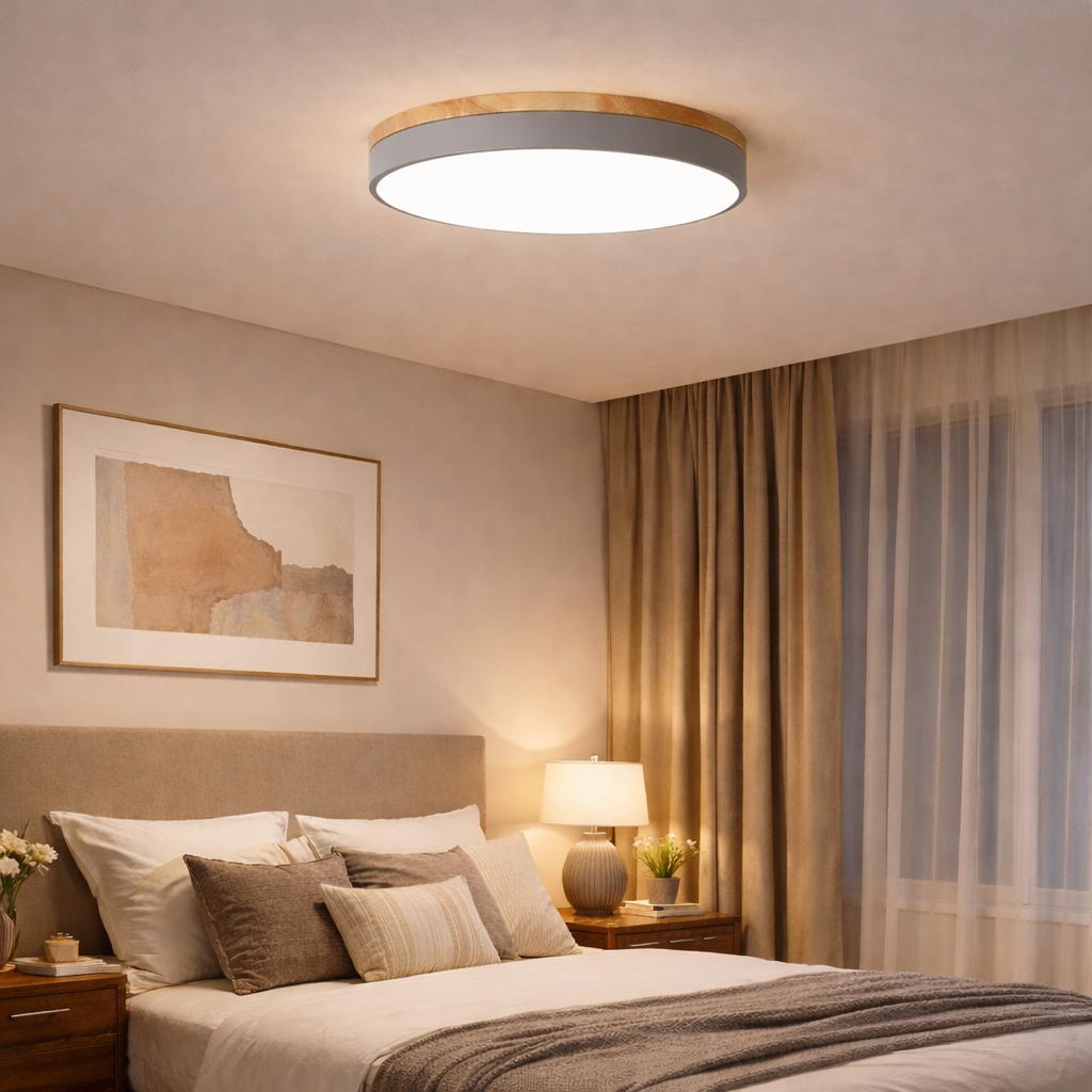 Flush Mount Ceiling Light Fixture – Round LED Ceiling Light with Wood Trim