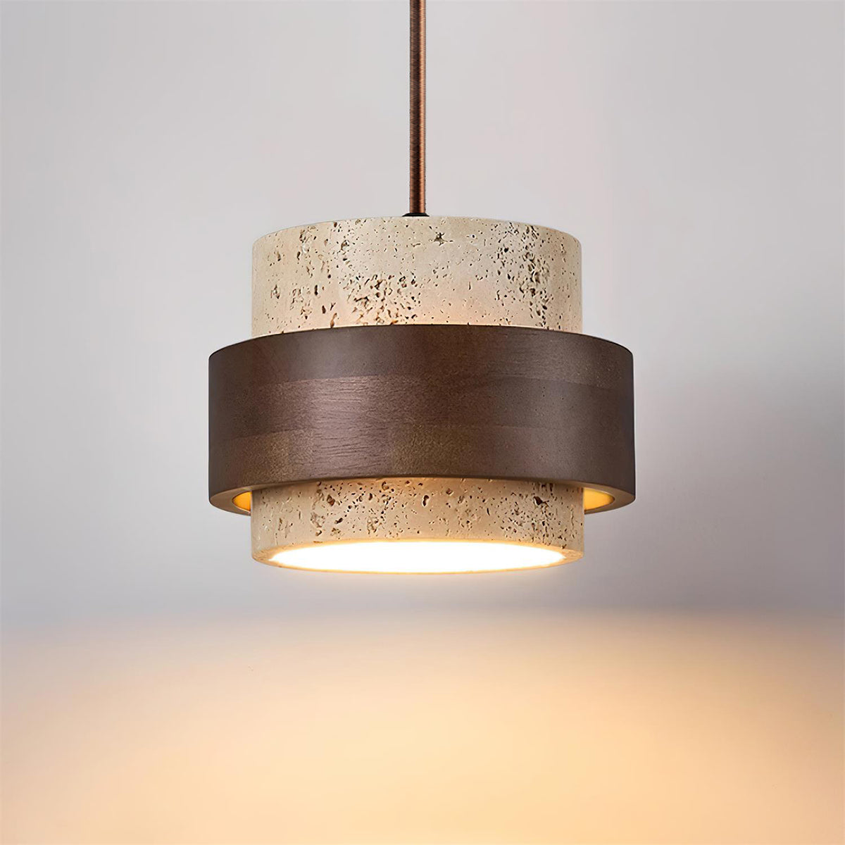 Travertine Pendant Light Fixture – Modern Stone & Walnut Wood Ceiling Light