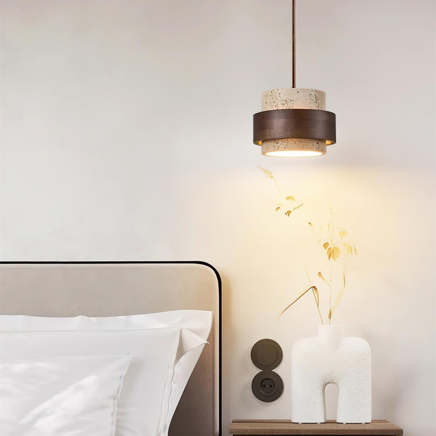 Travertine Pendant Light Fixture – Modern Stone & Walnut Wood Ceiling Light