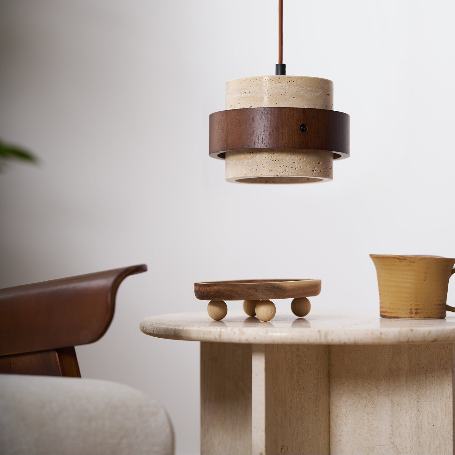 Travertine Pendant Light Fixture – Modern Stone & Walnut Wood Ceiling Light