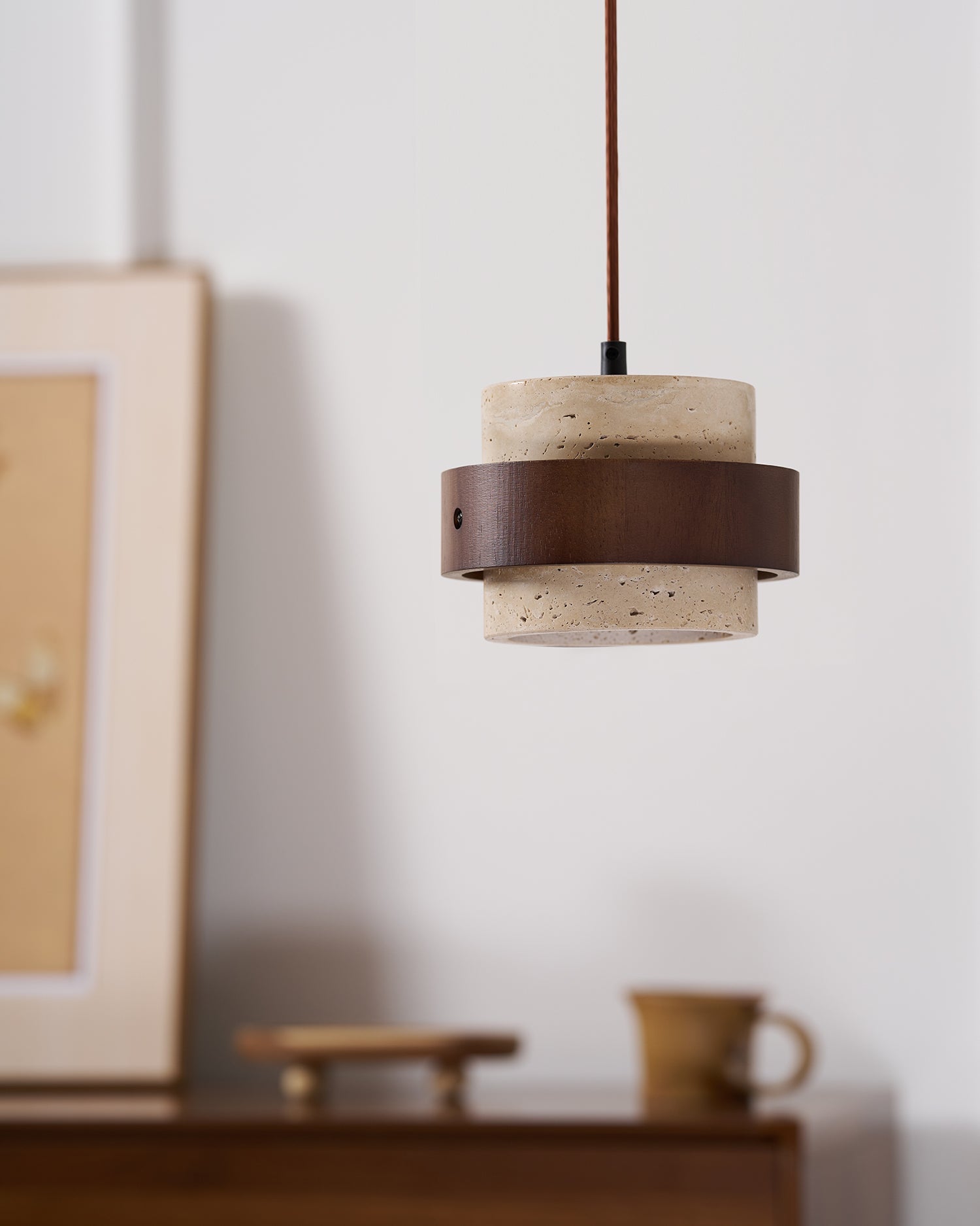Travertine Pendant Light Fixture – Modern Stone & Walnut Wood Ceiling Light