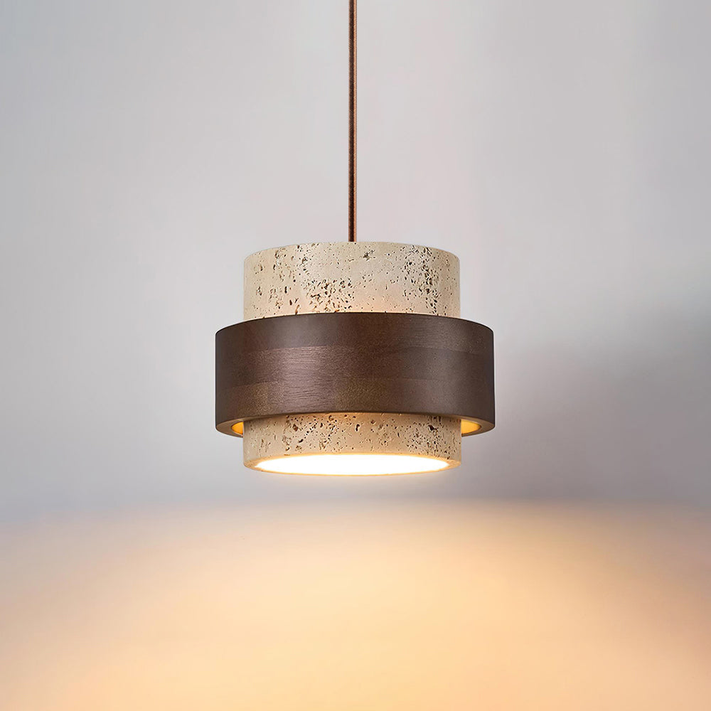 Travertine Pendant Light Fixture – Modern Stone & Walnut Wood Ceiling Light