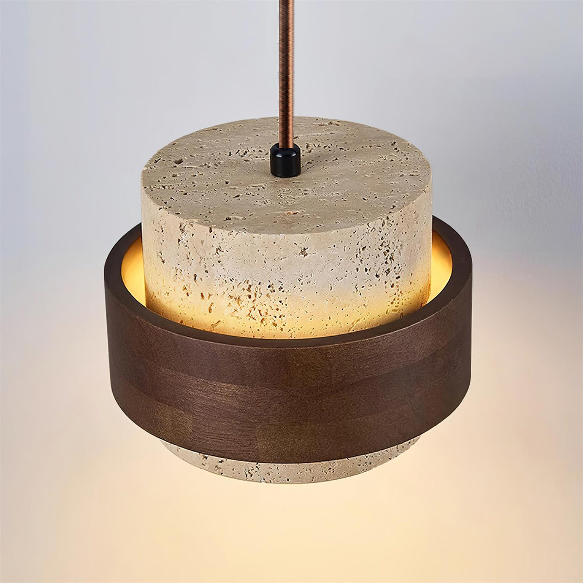 Travertine Pendant Light Fixture – Modern Stone & Walnut Wood Ceiling Light