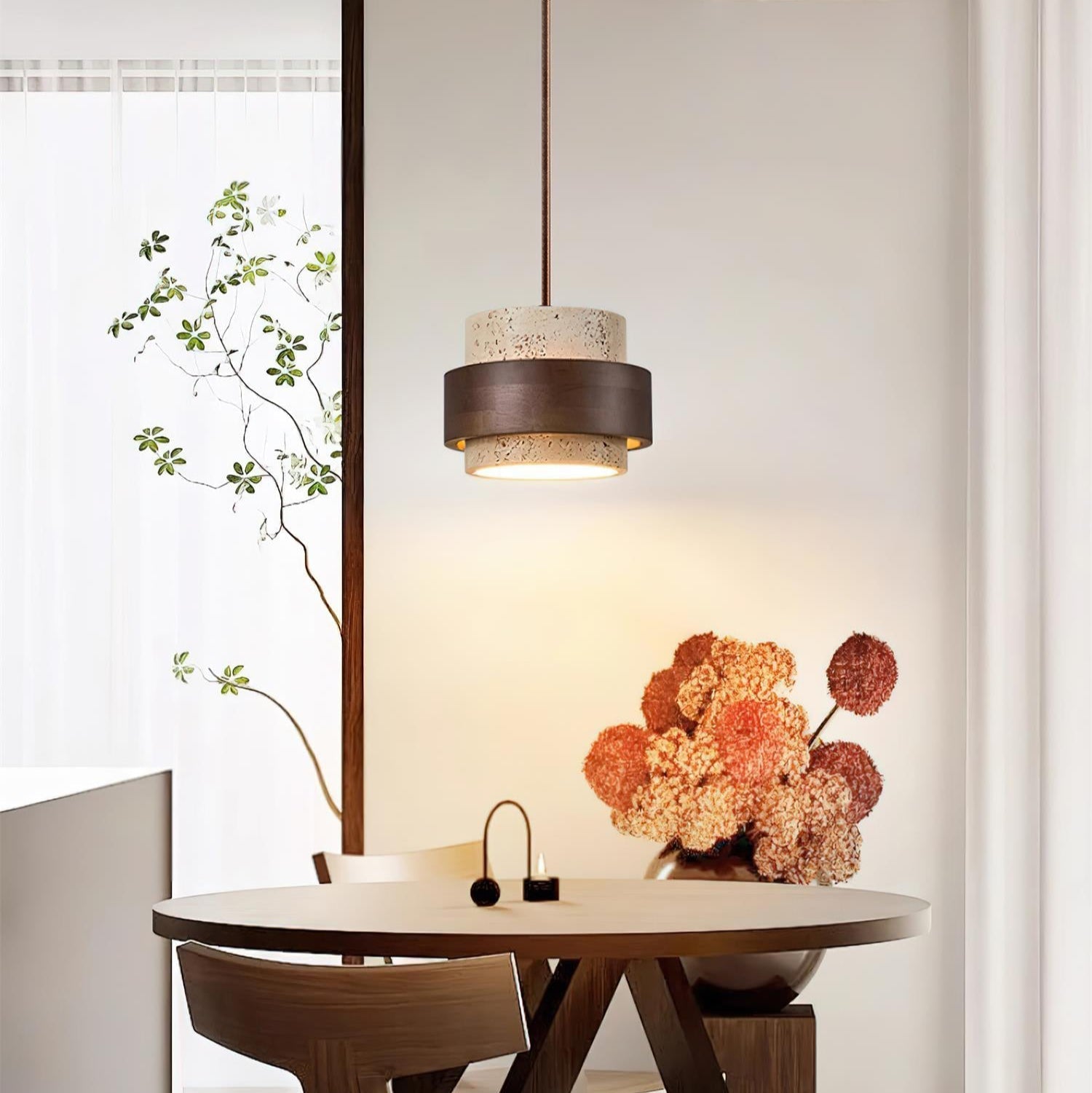 Travertine Pendant Light Fixture – Modern Stone & Walnut Wood Ceiling Light